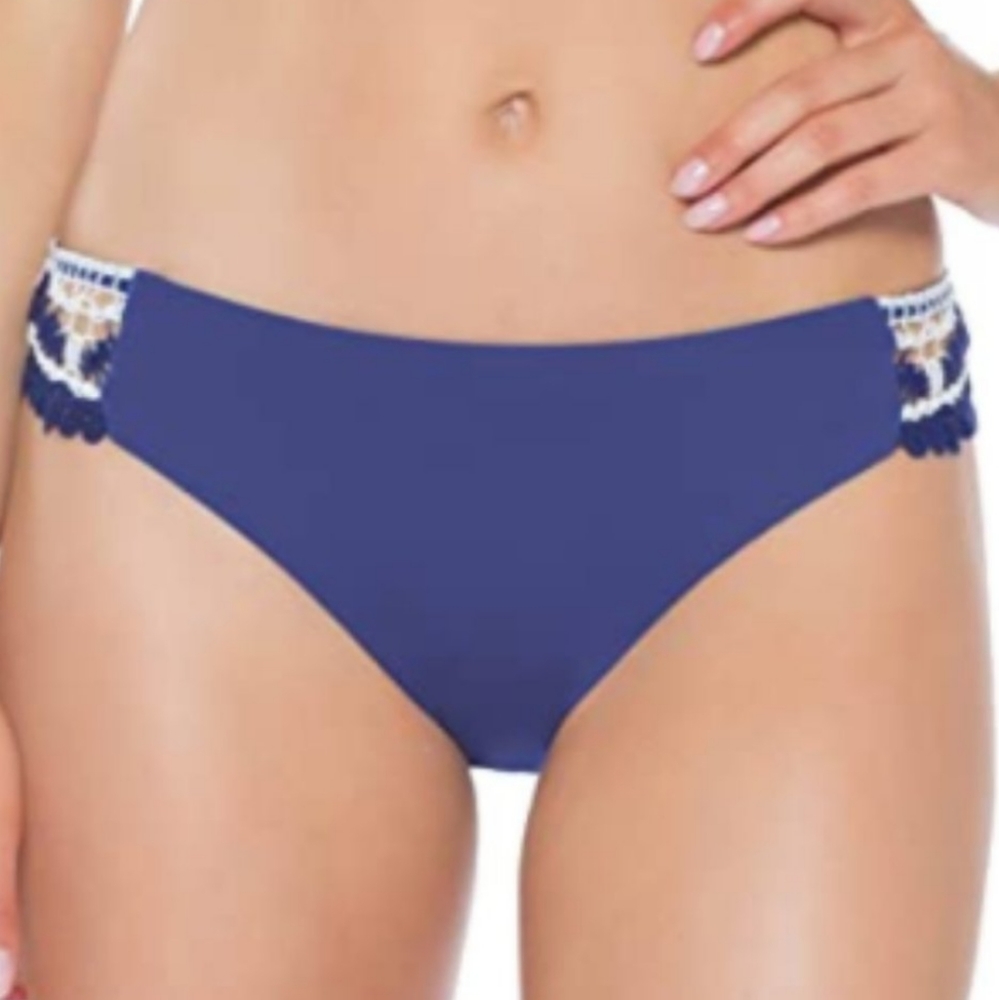 BECCA Blue Bikini Bottom with White Crochet Detail